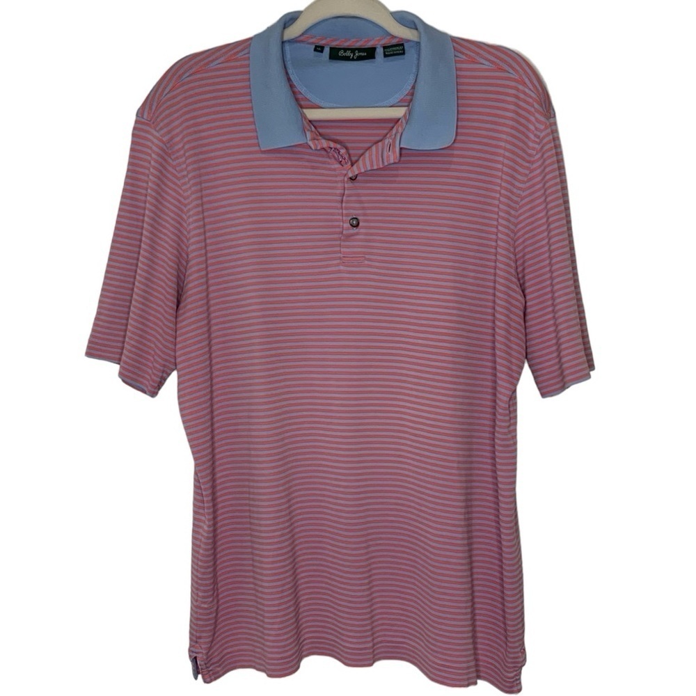 Bobby Jones pink and light blue stripe golf polo short sleeve shirt. Size XL